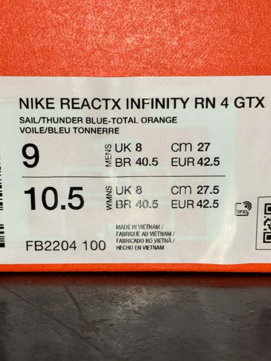 NIKE REACTX INFINITY RN 4 GTX SAIL TOTAL ORANGE BLUE CREAM SIZE 9 HQ0265-100 main image 4